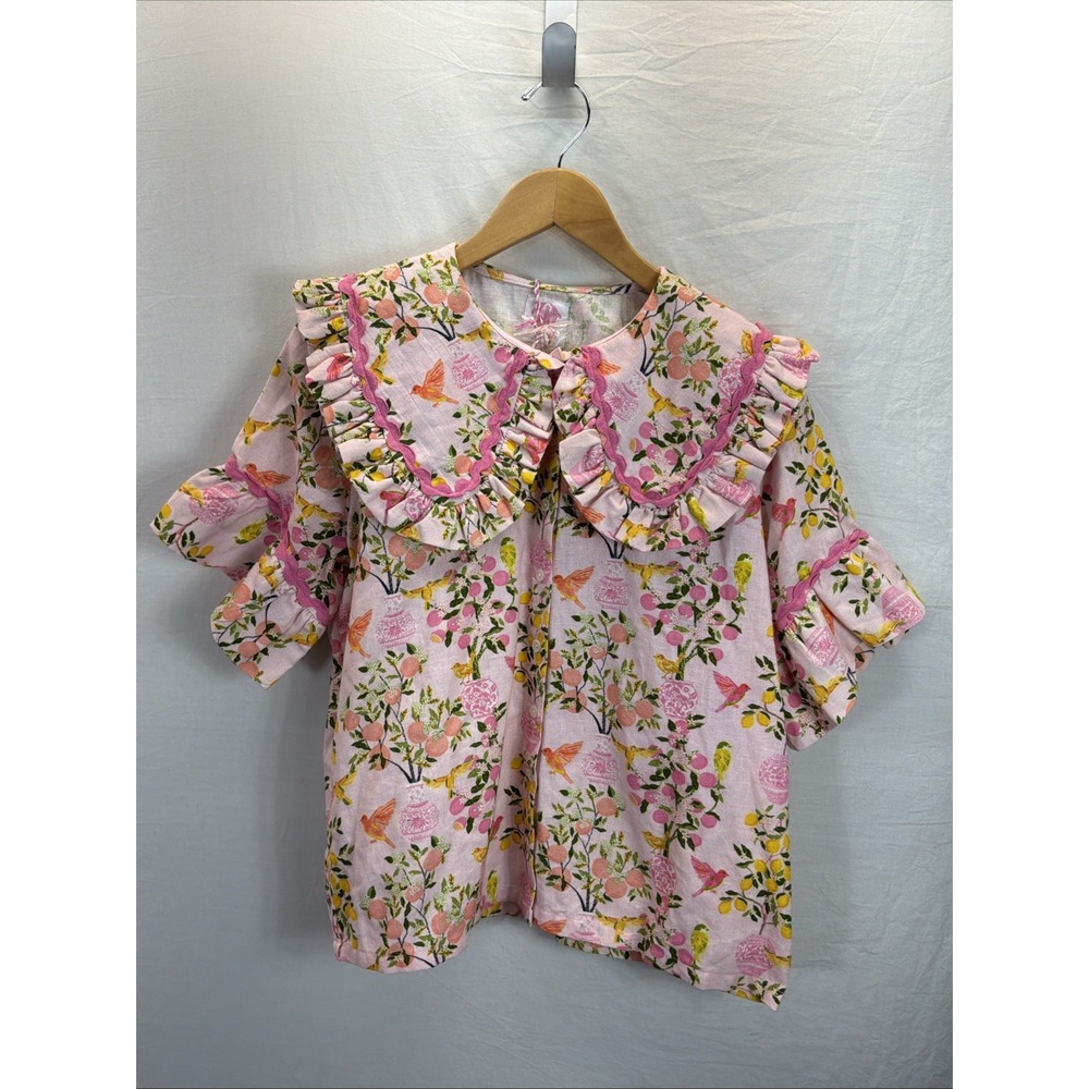 NEW Elizabeth Wilson Pink oversized collar ruffled birds floral citrus Frilly MD